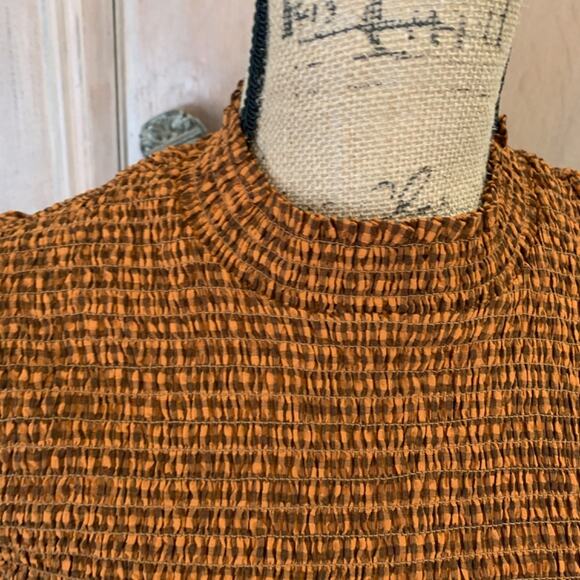 Scotch & Soda Smocked High Neck Top brown check gingham puff sleeve blouse FallS - Picture 6 of 15
